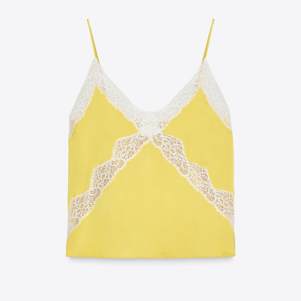 Bright Yellow Lace Trim Satin Cami Top